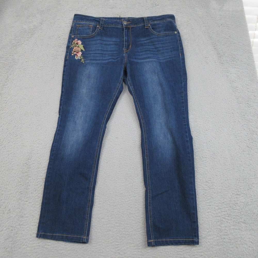 Wired Heart Floral Embroidered Jeans Womens 34 Blue Straight Leg Western Boho